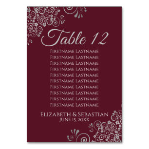Grey on Burgundy Elegant Wedding Seating Chart Table Number