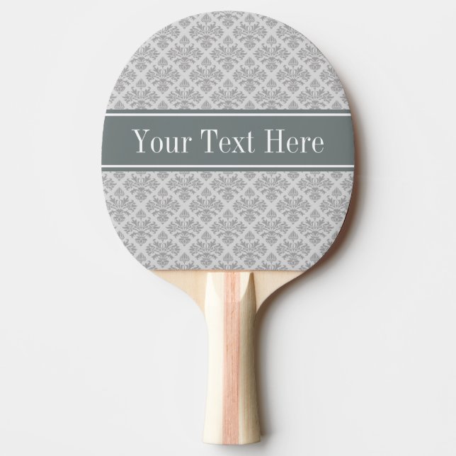 Grey on Grey Damask #3 Charcoal Name Monogram Ping Pong Paddle (Front)