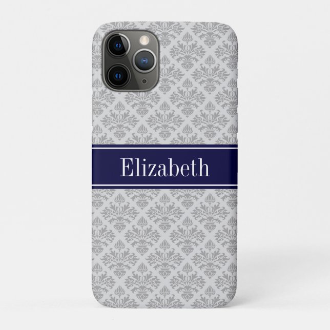 Grey on Grey Damask #3 Navy Blue Name Monogram Case-Mate iPhone Case (Back)