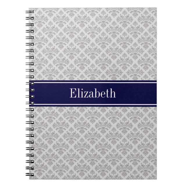 Grey on Grey Damask #3 Navy Blue Name Monogram Notebook (Front)
