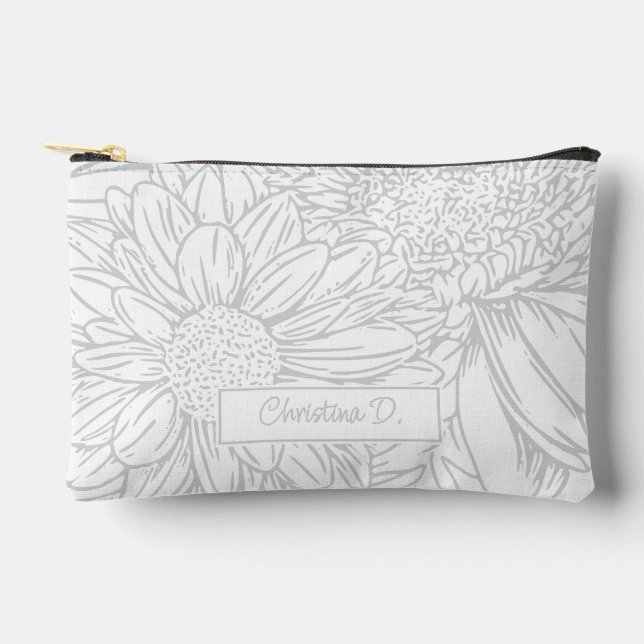 Grey on White Chrysanthemums with Name Accessory Pouch (Front)