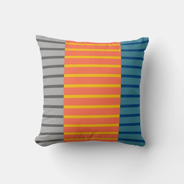 Grey, Orange, Blue Stripes Art Design Abstract Throw Pillow (Front)