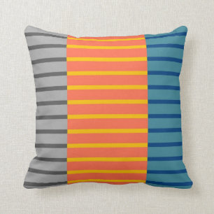 Grey, Orange, Blue Stripes Art Design Abstract Throw Pillow