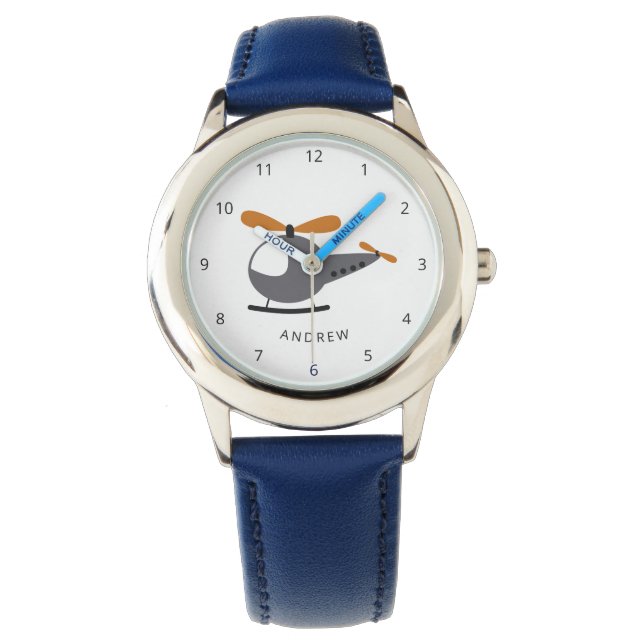 Grey & Orange Helicopter Kid Boy Name Watch (Front)