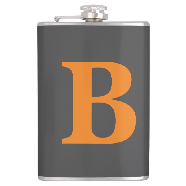 Grey orange modern monogrammed professional hip flask (Front)