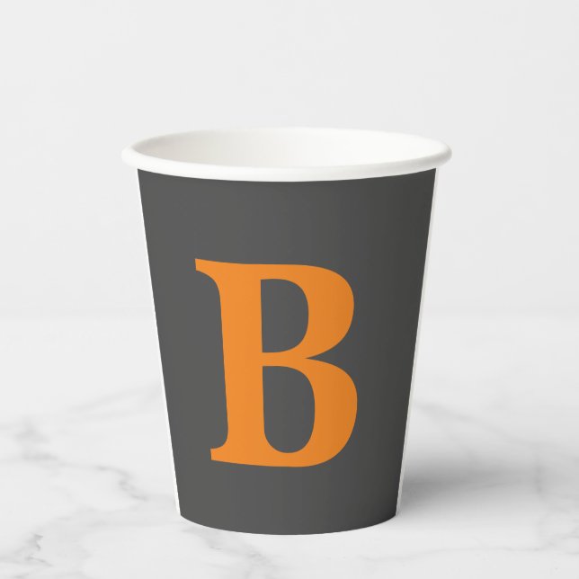Grey orange modern monogrammed professional paper cups (Front)