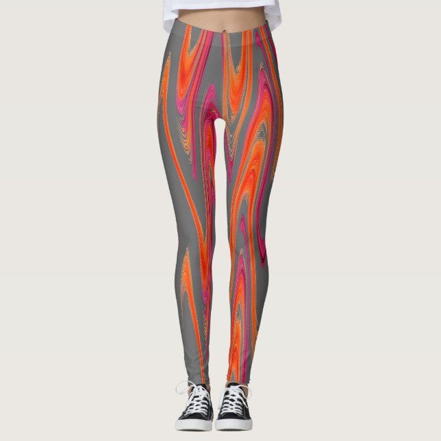 Grey Orange Pink Pattern Handmade Yoga Pants (Front)