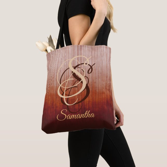 Grey Orange Red Burgundy rustic monogram striped Tote Bag (Close Up)