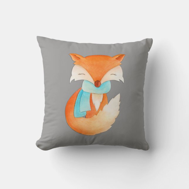 Grey orange red fox cub art cushion pillow (Front)