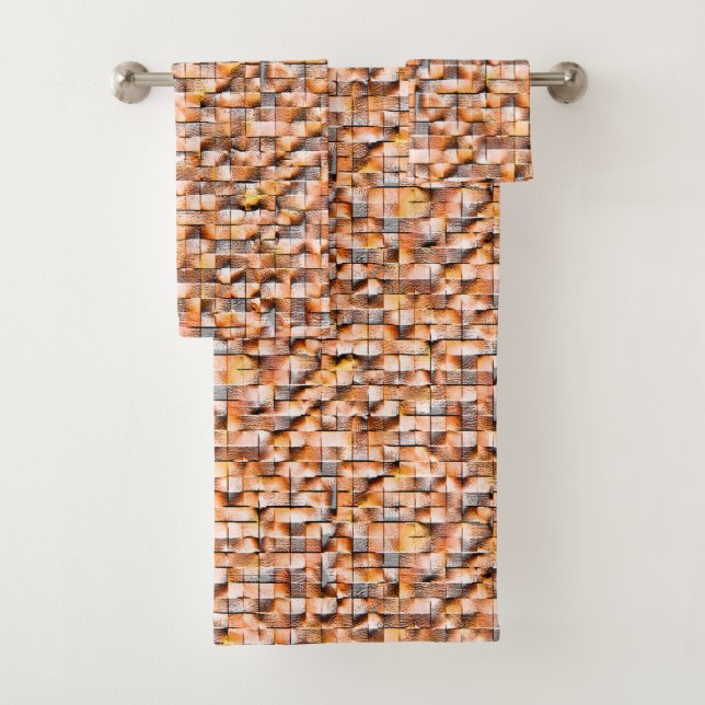 Grey orange rough ceramic tile with flaws, digital bath towel set (Insitu)