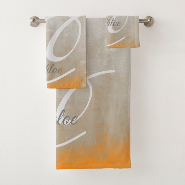 Grey orange rustic Abstract monogram Bath Towel Set (Insitu)