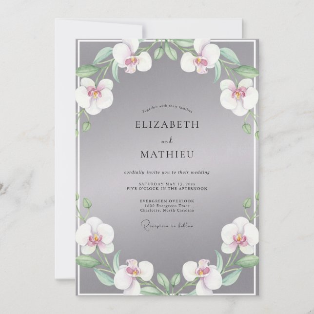 Grey Orchid Wreath Wedding Invitation (Front)