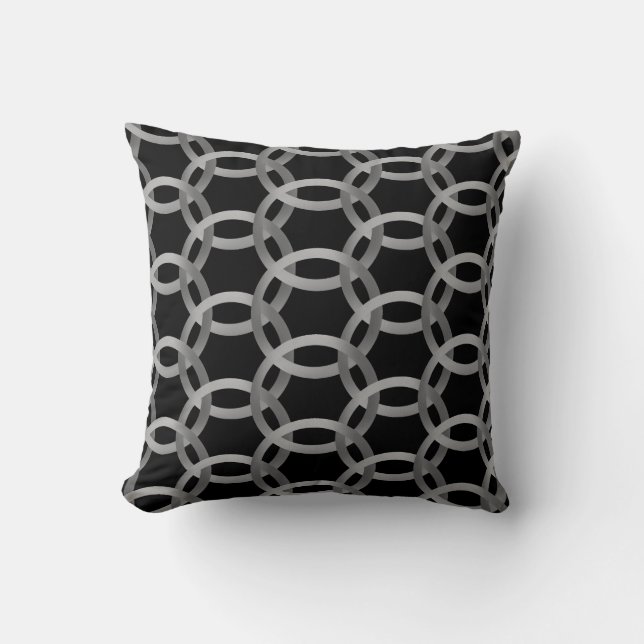 Grey Overlapping Circles on Black Throw Pillow (Front)