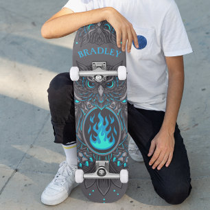 Grey Owl Cool Modern Custom Personalized Name Skateboard