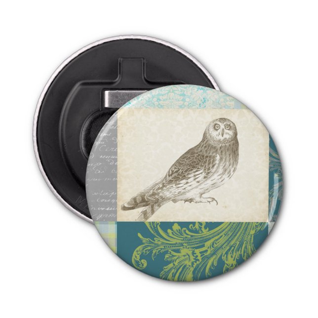 Grey Owl on Pattern Background Bottle Opener (Front)
