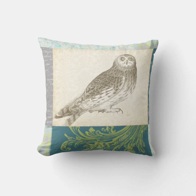Grey Owl on Pattern Background Throw Pillow (Front)