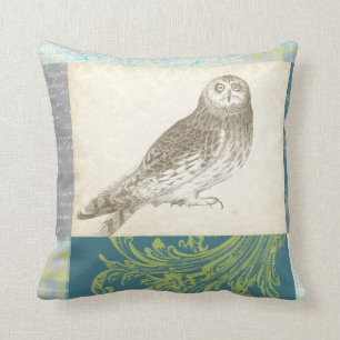 Grey Owl on Pattern Background Throw Pillow