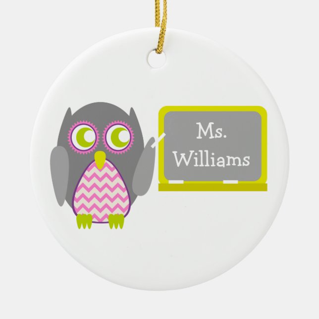 Grey Owl Pink Chevron Teacher At Chalkboard Ceramic Ornament (Front)