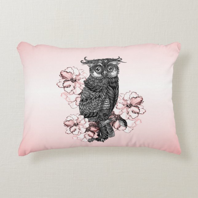 Grey Owl Pink Orchids Accent Pillow (Front)