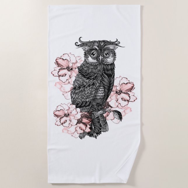 Grey Owl Pink Orchids Beach Towel (Front)