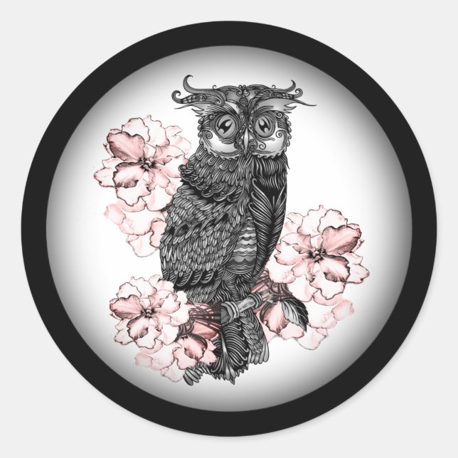 Grey Owl Pink Orchids Classic Round Sticker (Front)