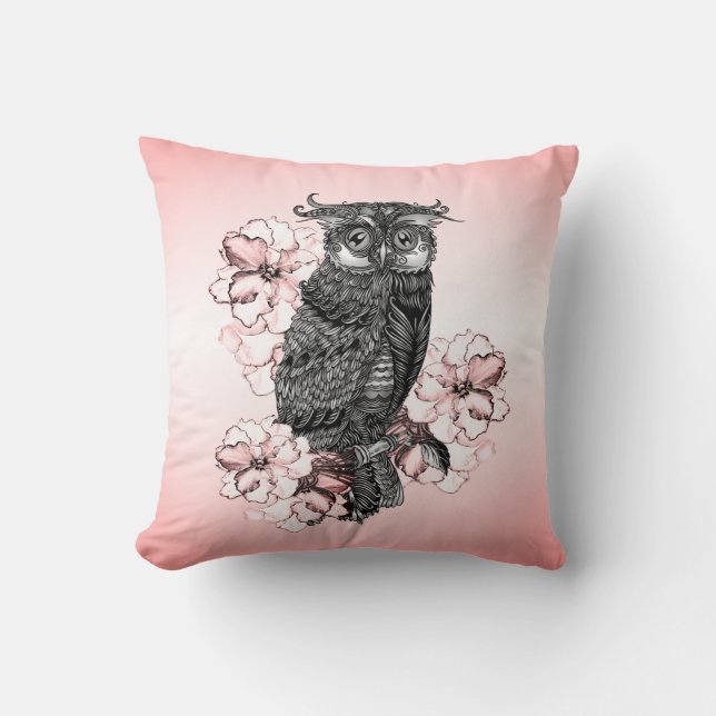 Grey Owl Pink Orchids Throw Pillow (Front)