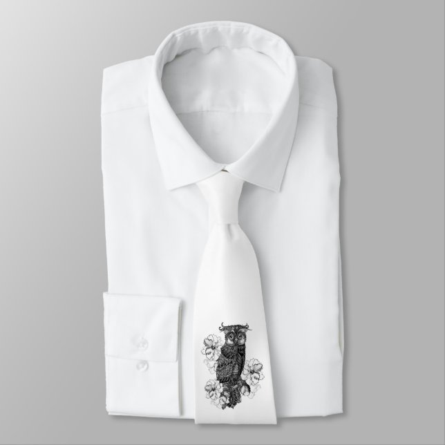 Grey Owl White Orchids Tie (Tied)