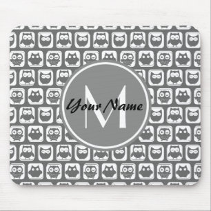 Grey Owls Pattern Custom Monogram, Personalized Mouse Pad