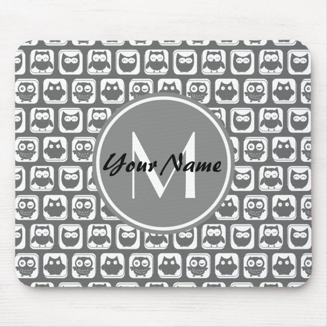 Grey Owls Pattern Custom Monogram, Personalized Mouse Pad (Front)