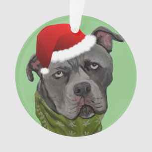 Grey Paint Pit Bull Santa Hat Ornament