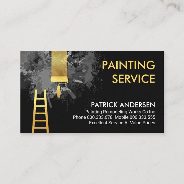 Grey Paint Splatter Gold Brush Painting Business Card (Front)