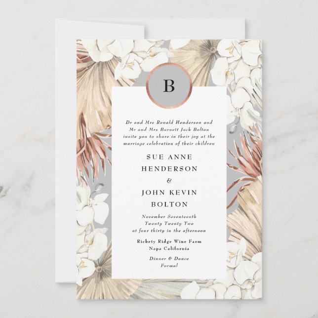 Grey Pampas Ultimate Rose Gold Foil Wedding Invitation (Front)
