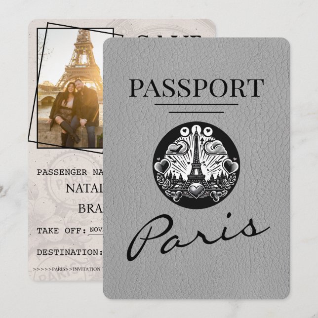 Grey Paris Passport Save The Date (Front/Back)