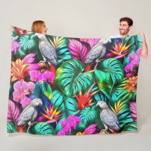 Grey Parrot Jungle Dreams Seamless Surface Pattern Fleece Blanket