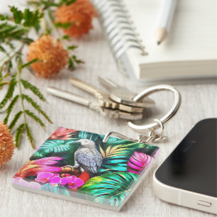 Grey Parrot Jungle Dreams Seamless Surface Pattern Keychain