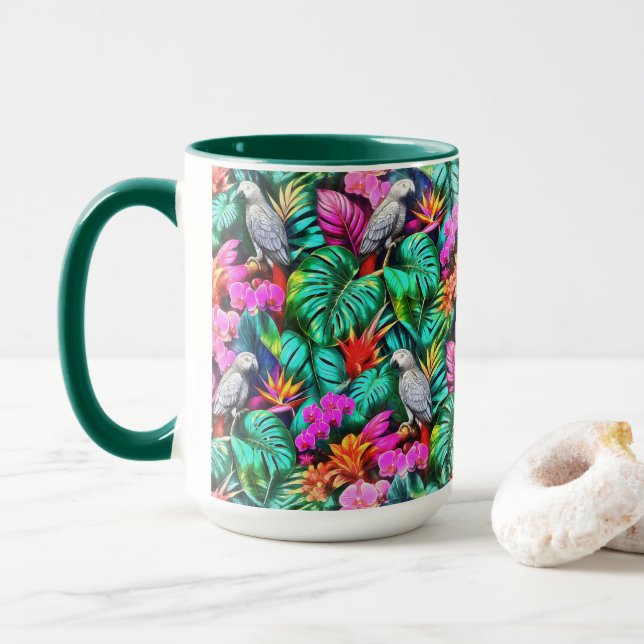 Grey Parrot Jungle Dreams Seamless Surface Pattern Mug (With Donut)