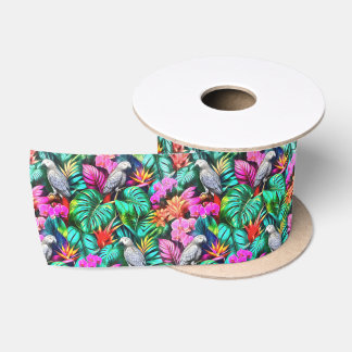 Grey Parrot Jungle Dreams Seamless Surface Pattern Satin Ribbon