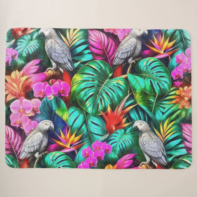 Grey Parrot Jungle Dreams Seamless Surface Pattern Sherpa Blanket (Front (Horizontal))