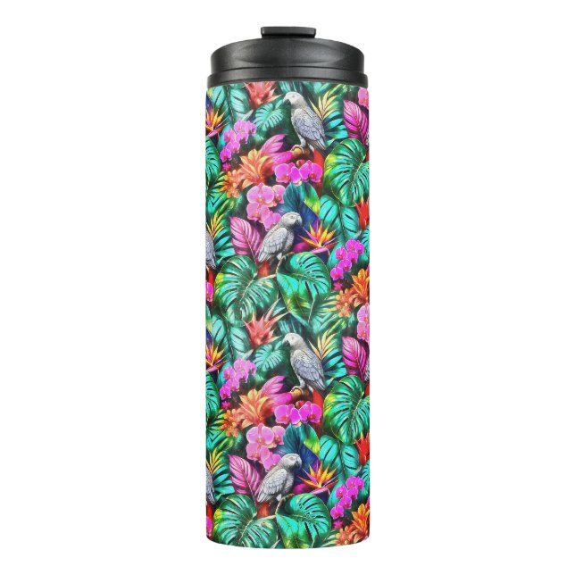 Grey Parrot Jungle Dreams Seamless Surface Pattern Thermal Tumbler (Front)