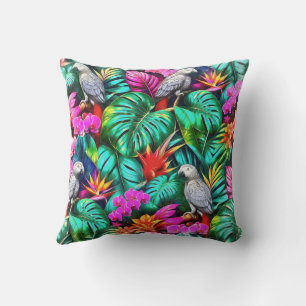 Grey Parrot Jungle Dreams Seamless Surface Pattern Throw Pillow
