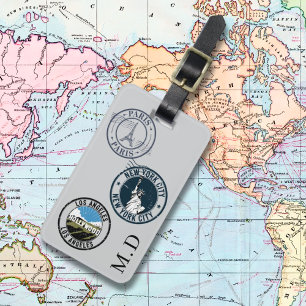 Grey passport stamps monogram initials luggage tag
