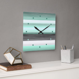 Grey Pastel Mint Green Black Watercolor Stripes Square Wall Clock