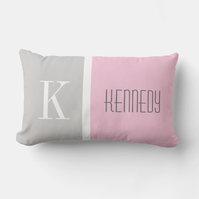 Grey Pastel Pink Colour Block Monogram Name Lumbar Pillow (Front)