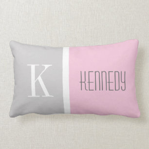 Grey Pastel Pink Colour Block Monogram Name Lumbar Pillow