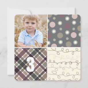 Grey Patchwork Pattern Squares Boy Photo Birthday Invitation
