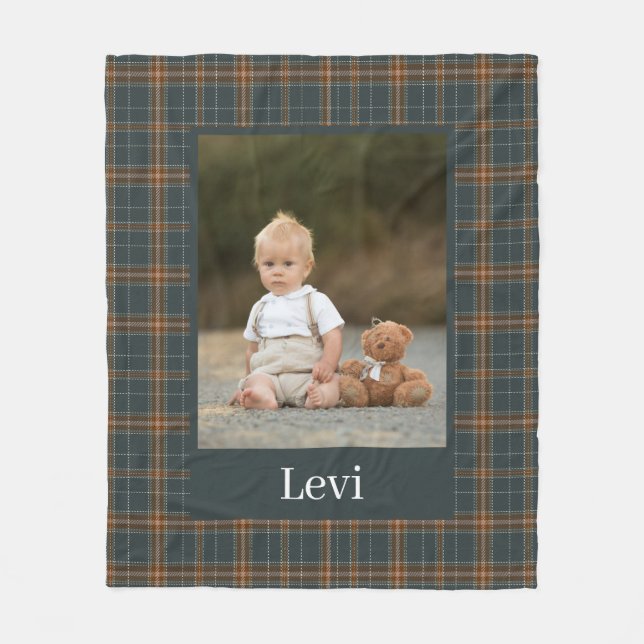 Grey Pattern Boy Name Custom Photo Kids Fleece Blanket (Front)