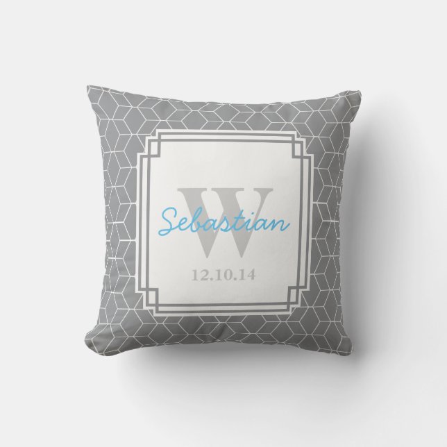 Grey Patterned Personalized Baby Boy Throw Pillow (Front)