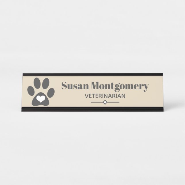 Grey Paw Print & Heart Desk Name Plate (Front)