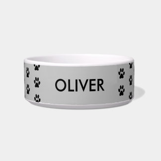 Grey Paw Print Pattern Personalized Name Pet Bowl