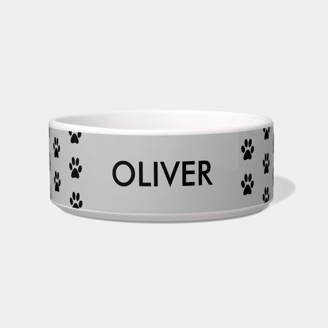 Grey Paw Print Pattern Personalized Name Pet Bowl (Front)